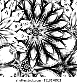Seamless floral background. Tracery handmade nature ethnic fabric backdrop pattern with saturated dark flowers. Textile design texture. Decorative binary monochrome black and white art. Vector