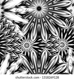 Seamless floral background. Tracery handmade nature ethnic fabric backdrop pattern with saturated dark flowers. Textile design texture. Decorative binary monochrome black and white art. Vector