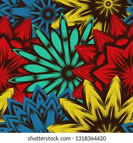 Seamless floral background. Tracery handmade nature ethnic fabric backdrop pattern with flowers. Textile design texture. Decorative color art. Vector