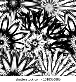 Seamless floral background. Tracery handmade nature ethnic fabric backdrop pattern with saturated dark flowers. Textile design texture. Decorative binary monochrome black and white art. Vector