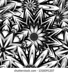 Seamless floral background. Tracery handmade nature ethnic fabric backdrop pattern with saturated dark flowers. Textile design texture. Decorative binary monochrome black and white art. Vector