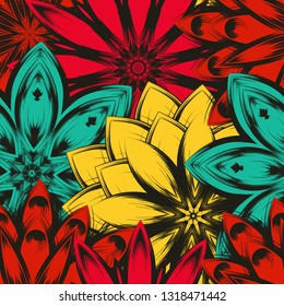 Seamless floral background. Tracery handmade nature ethnic fabric backdrop pattern with flowers. Textile design texture. Decorative color art. Vector