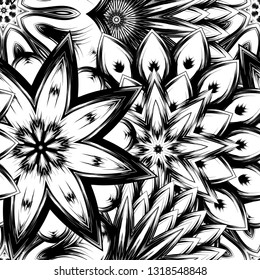 Seamless floral background. Tracery handmade nature ethnic fabric backdrop pattern with saturated dark flowers. Textile design texture. Decorative binary monochrome black and white art. Vector