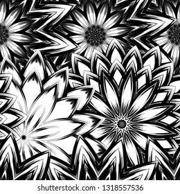 Seamless floral background. Tracery handmade nature ethnic fabric backdrop pattern with saturated dark flowers. Textile design texture. Decorative binary monochrome black and white art. Vector