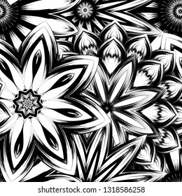Seamless floral background. Tracery handmade nature ethnic fabric backdrop pattern with saturated dark flowers. Textile design texture. Decorative binary monochrome black and white art. Vector