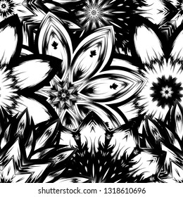 Seamless floral background. Tracery handmade nature ethnic fabric backdrop pattern with saturated dark flowers. Textile design texture. Decorative binary monochrome black and white art. Vector
