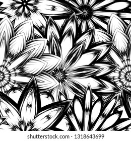Seamless floral background. Tracery handmade nature ethnic fabric backdrop pattern with saturated dark flowers. Textile design texture. Decorative binary monochrome black and white art. Vector
