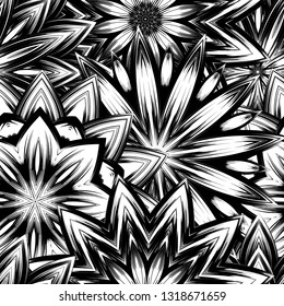 Seamless floral background. Tracery handmade nature ethnic fabric backdrop pattern with saturated dark flowers. Textile design texture. Decorative binary monochrome black and white art. Vector