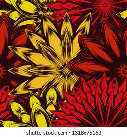 Seamless floral background. Tracery handmade nature ethnic fabric backdrop pattern with flowers. Textile design texture. Decorative color art. Vector