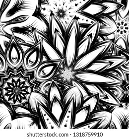 Seamless floral background. Tracery handmade nature ethnic fabric backdrop pattern with saturated dark flowers. Textile design texture. Decorative binary monochrome black and white art. Vector