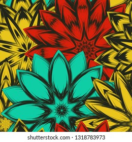 Seamless floral background. Tracery handmade nature ethnic fabric backdrop pattern with flowers. Textile design texture. Decorative color art. Vector