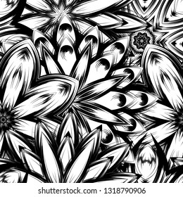 Seamless floral background. Tracery handmade nature ethnic fabric backdrop pattern with saturated dark flowers. Textile design texture. Decorative binary monochrome black and white art. Vector