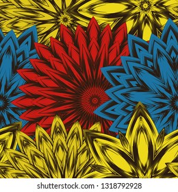 Seamless floral background. Tracery handmade nature ethnic fabric backdrop pattern with flowers. Textile design texture. Decorative color art. Vector