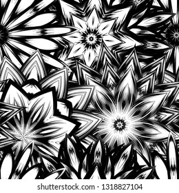 Seamless floral background. Tracery handmade nature ethnic fabric backdrop pattern with saturated dark flowers. Textile design texture. Decorative binary monochrome black and white art. Vector