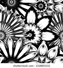 Seamless floral background. Tracery handmade nature ethnic fabric backdrop pattern with saturated dark flowers. Textile design texture. Decorative binary monochrome black and white art. Vector