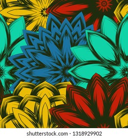 Seamless floral background. Tracery handmade nature ethnic fabric backdrop pattern with flowers. Textile design texture. Decorative color art. Vector