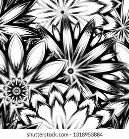 Seamless floral background. Tracery handmade nature ethnic fabric backdrop pattern with saturated dark flowers. Textile design texture. Decorative binary monochrome black and white art. Vector