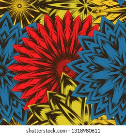 Seamless floral background. Tracery handmade nature ethnic fabric backdrop pattern with flowers. Textile design texture. Decorative color art. Vector