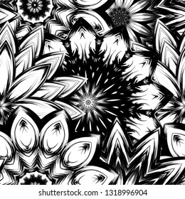 Seamless floral background. Tracery handmade nature ethnic fabric backdrop pattern with saturated dark flowers. Textile design texture. Decorative binary monochrome black and white art. Vector