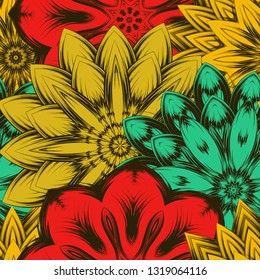 Seamless floral background. Tracery handmade nature ethnic fabric backdrop pattern with flowers. Textile design texture. Decorative color art. Vector