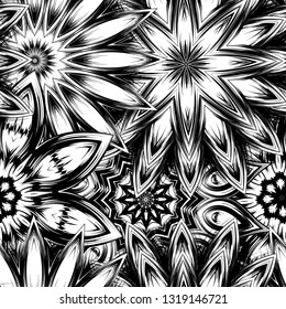 Seamless floral background. Tracery handmade nature ethnic fabric backdrop pattern with saturated dark flowers. Textile design texture. Decorative binary monochrome black and white art. Vector