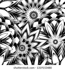 Seamless floral background. Tracery handmade nature ethnic fabric backdrop pattern with saturated dark flowers. Textile design texture. Decorative binary monochrome black and white art. Vector