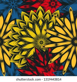 Seamless floral background. Tracery handmade nature ethnic fabric backdrop pattern with flowers. Textile design texture. Decorative color art. Vector