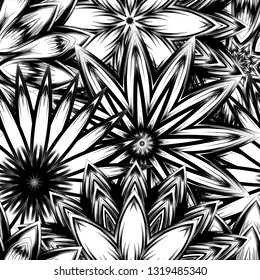 Seamless floral background. Tracery handmade nature ethnic fabric backdrop pattern with saturated dark flowers. Textile design texture. Decorative binary monochrome black and white art. Vector