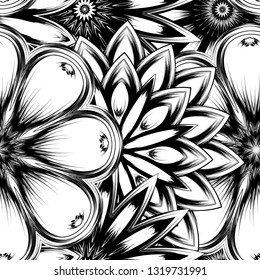 Seamless floral background. Tracery handmade nature ethnic fabric backdrop pattern with saturated dark flowers. Textile design texture. Decorative binary monochrome black and white art. Vector