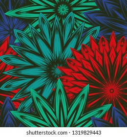 Seamless floral background. Tracery handmade nature ethnic fabric backdrop pattern with flowers. Textile design texture. Decorative color art. Vector