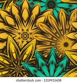 Seamless floral background. Tracery handmade nature ethnic fabric backdrop pattern with flowers. Textile design texture. Decorative color art. Vector