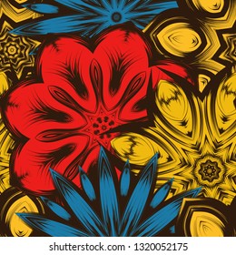 Seamless floral background. Tracery handmade nature ethnic fabric backdrop pattern with flowers. Textile design texture. Decorative color art. Vector