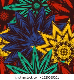 Seamless floral background. Tracery handmade nature ethnic fabric backdrop pattern with flowers. Textile design texture. Decorative color art. Vector