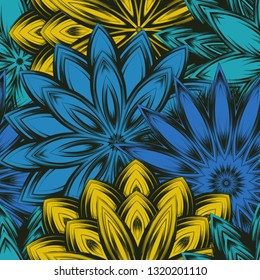 Seamless floral background. Tracery handmade nature ethnic fabric backdrop pattern with flowers. Textile design texture. Decorative color art. Vector