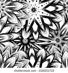 Seamless floral background. Tracery handmade nature ethnic fabric backdrop pattern with saturated dark flowers. Textile design texture. Decorative binary monochrome black and white art. Vector
