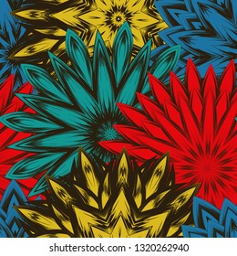 Seamless floral background. Tracery handmade nature ethnic fabric backdrop pattern with flowers. Textile design texture. Decorative color art. Vector