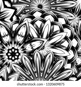 Seamless floral background. Tracery handmade nature ethnic fabric backdrop pattern with saturated dark flowers. Textile design texture. Decorative binary monochrome black and white art. Vector