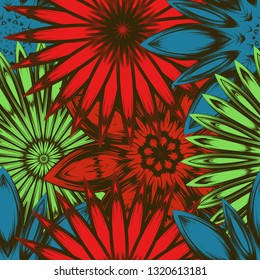 Seamless floral background. Tracery handmade nature ethnic fabric backdrop pattern with flowers. Textile design texture. Decorative color art. Vector
