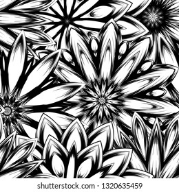 Seamless floral background. Tracery handmade nature ethnic fabric backdrop pattern with saturated dark flowers. Textile design texture. Decorative binary monochrome black and white art. Vector