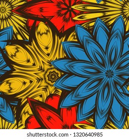 Seamless floral background. Tracery handmade nature ethnic fabric backdrop pattern with flowers. Textile design texture. Decorative color art. Vector