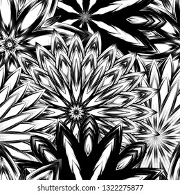 Seamless floral background. Tracery handmade nature ethnic fabric backdrop pattern with saturated dark flowers. Textile design texture. Decorative binary monochrome black and white art. Vector