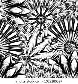 Seamless floral background. Tracery handmade nature ethnic fabric backdrop pattern with saturated dark flowers. Textile design texture. Decorative binary monochrome black and white art. Vector
