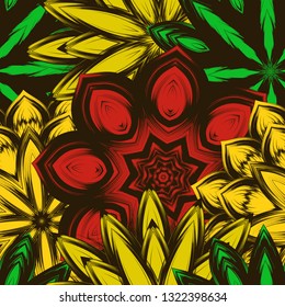 Seamless floral background. Tracery handmade nature ethnic fabric backdrop pattern with flowers. Textile design texture. Decorative color art. Vector