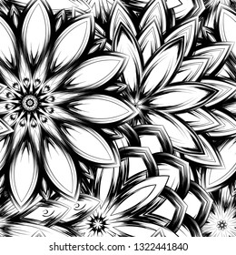 Seamless floral background. Tracery handmade nature ethnic fabric backdrop pattern with saturated dark flowers. Textile design texture. Decorative binary monochrome black and white art. Vector