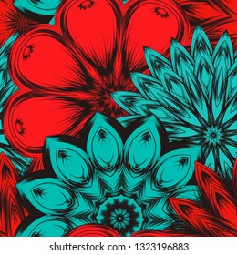 Seamless floral background. Tracery handmade nature ethnic fabric backdrop pattern with flowers. Textile design texture. Decorative color art. Vector