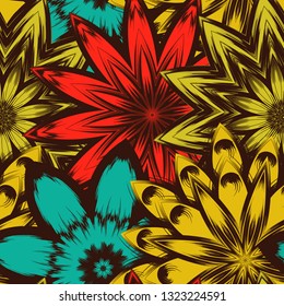 Seamless floral background. Tracery handmade nature ethnic fabric backdrop pattern with flowers. Textile design texture. Decorative color art. Vector