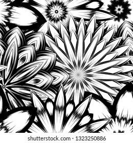 Seamless floral background. Tracery handmade nature ethnic fabric backdrop pattern with saturated dark flowers. Textile design texture. Decorative binary monochrome black and white art. Vector