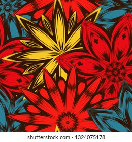Seamless floral background. Tracery handmade nature ethnic fabric backdrop pattern with flowers. Textile design texture. Decorative color art. Vector