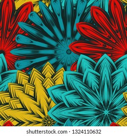 Seamless floral background. Tracery handmade nature ethnic fabric backdrop pattern with flowers. Textile design texture. Decorative color art. Vector
