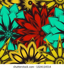 Seamless floral background. Tracery handmade nature ethnic fabric backdrop pattern with flowers. Textile design texture. Decorative color art. Vector